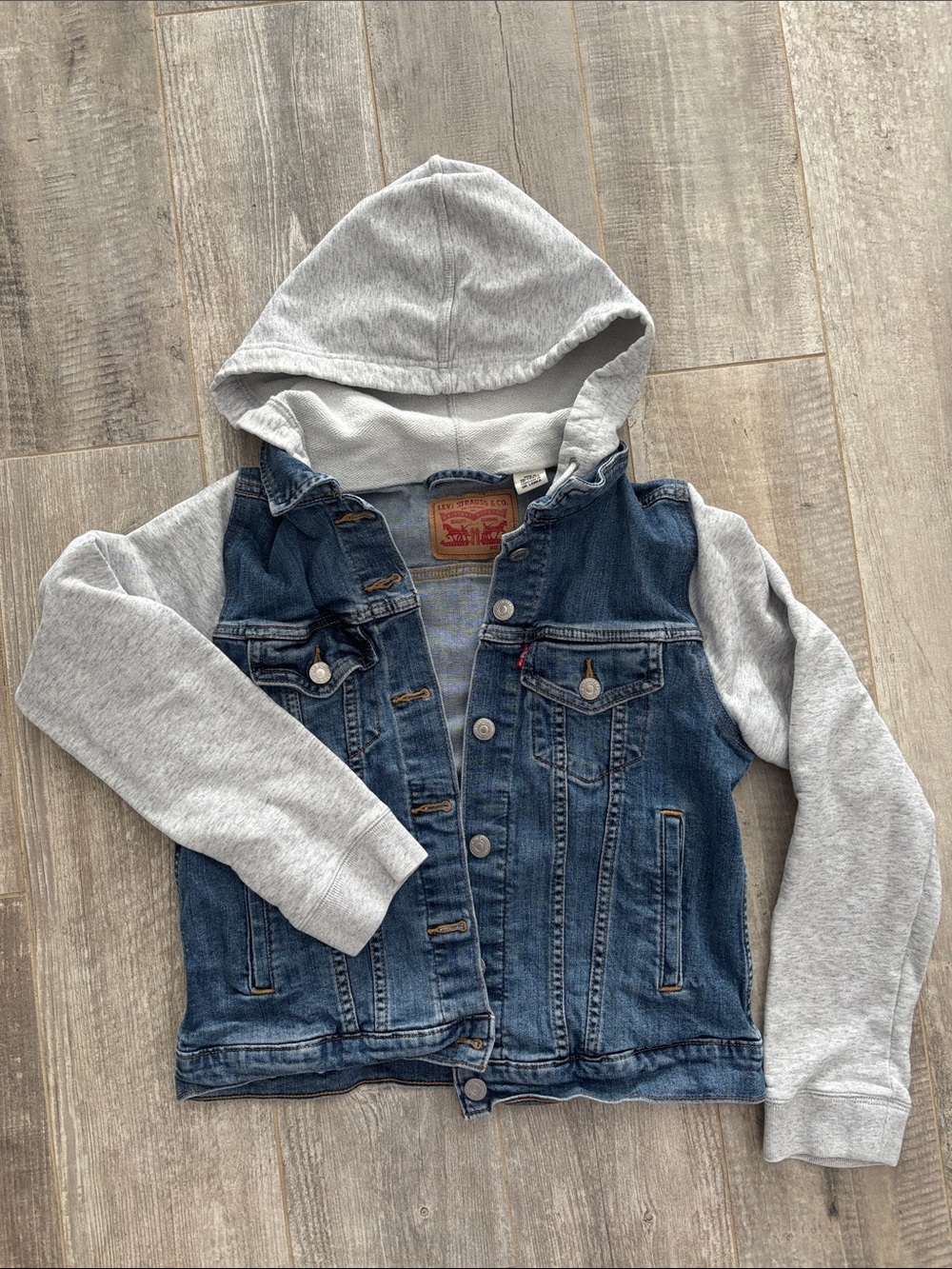 Levi's Blue Denim Jacket with Light Gray Hood and Sleeves